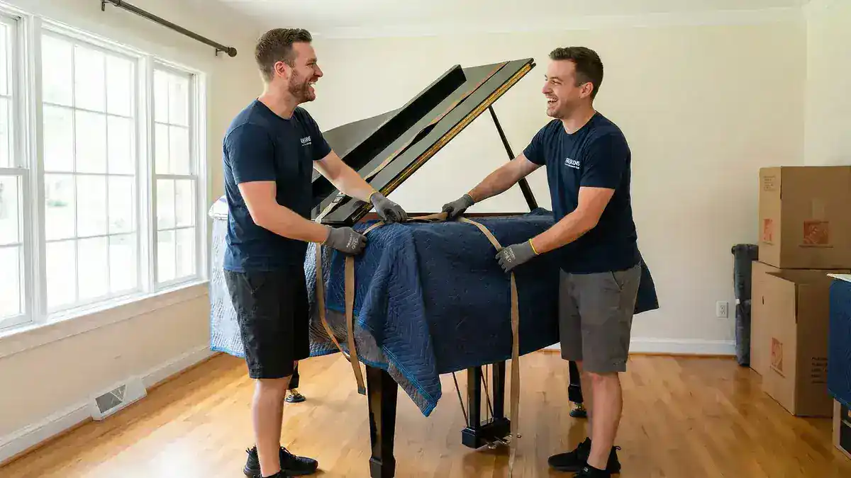 Twee professionele pianoverhuizers wikkelen een vleugel zorgvuldig in beschermend materiaal