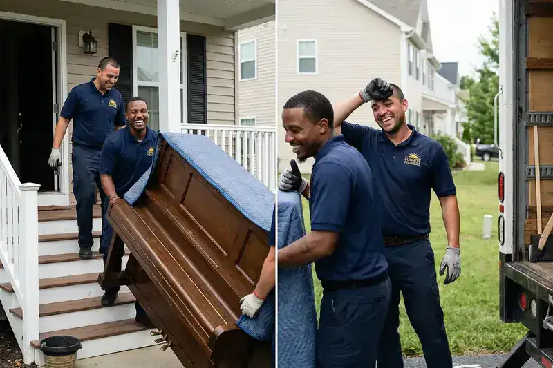 Pianoverhuizers dragen piano vakkundig via een smal trappenhuis