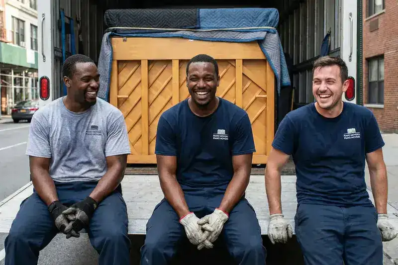 Drie professionele pianoverhuizers zitten klaar bij hun verhuiswagen